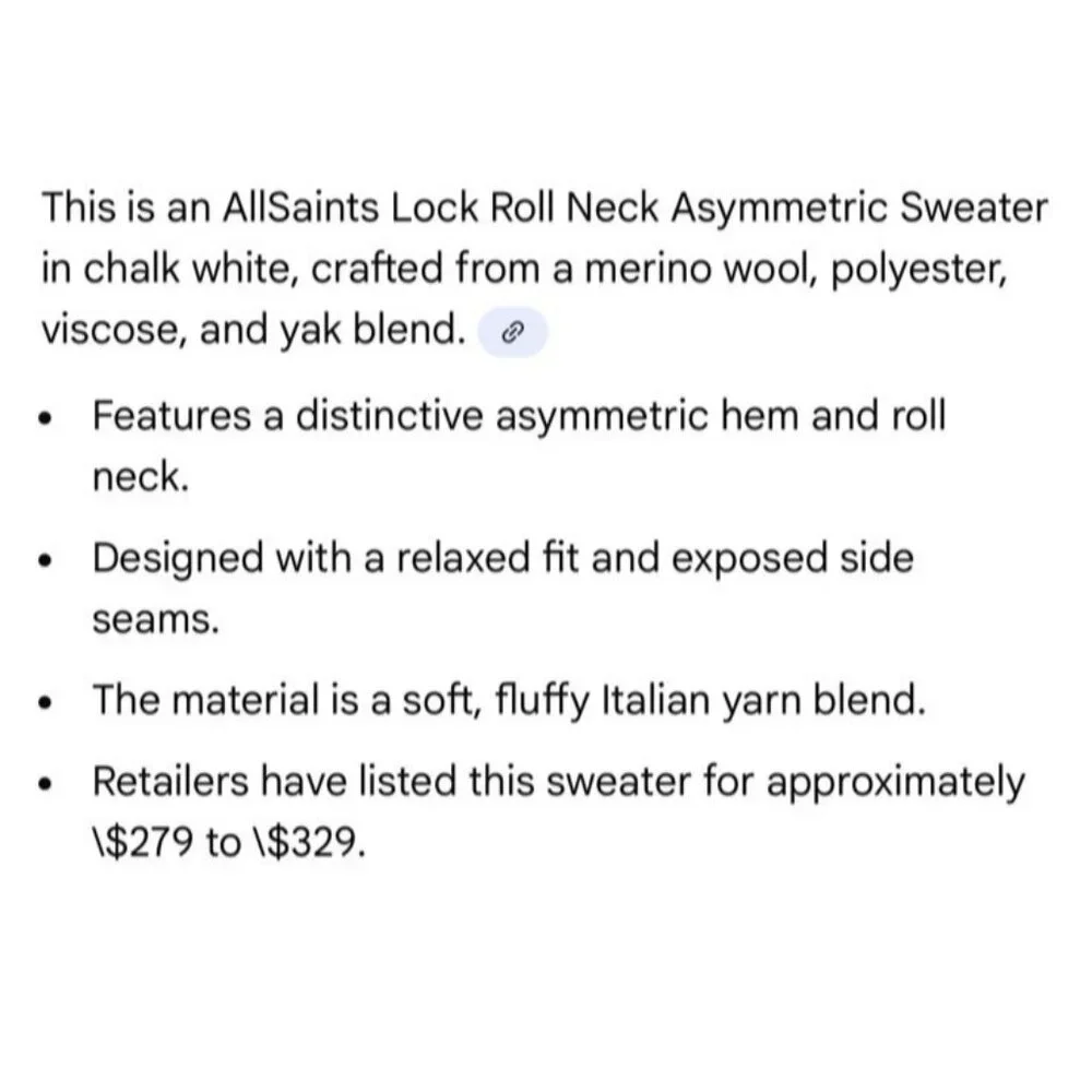 ALLSAINTS Sweater Lock Roll Neck Wool Yak L Blend Asymmetrical Hem Ivory